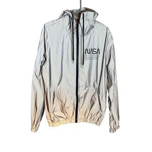 Manfinity NASA Size Large Reflective Windbreaker Jacket Iridescent Silver Light